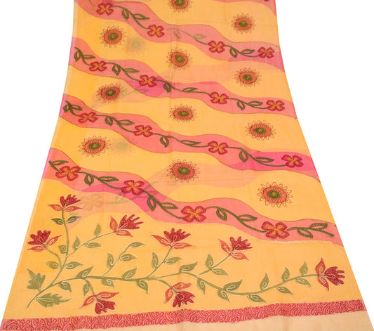 Sushila Vintage Chain Stitch Embroidery Saree Art Silk Yellow Floral Sari Fabric