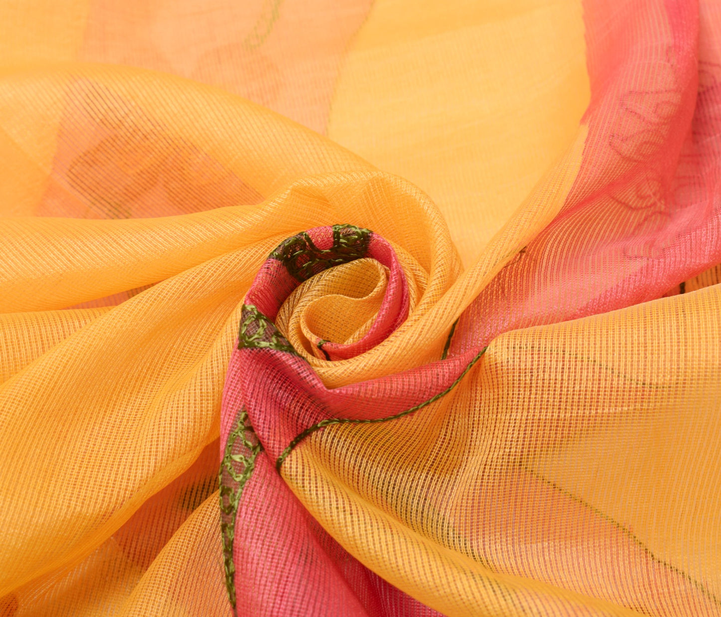 Sushila Vintage Chain Stitch Embroidery Saree Art Silk Yellow Floral Sari Fabric