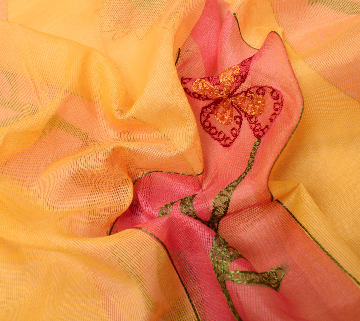 Sushila Vintage Chain Stitch Embroidery Saree Art Silk Yellow Floral Sari Fabric