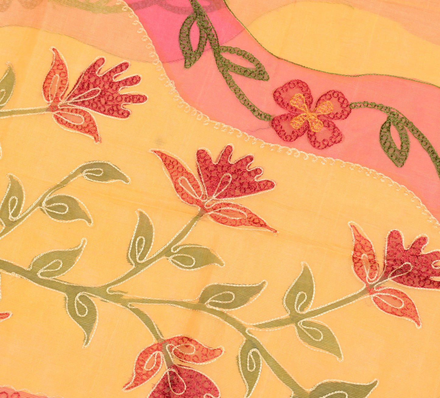 Sushila Vintage Chain Stitch Embroidery Saree Art Silk Yellow Floral Sari Fabric
