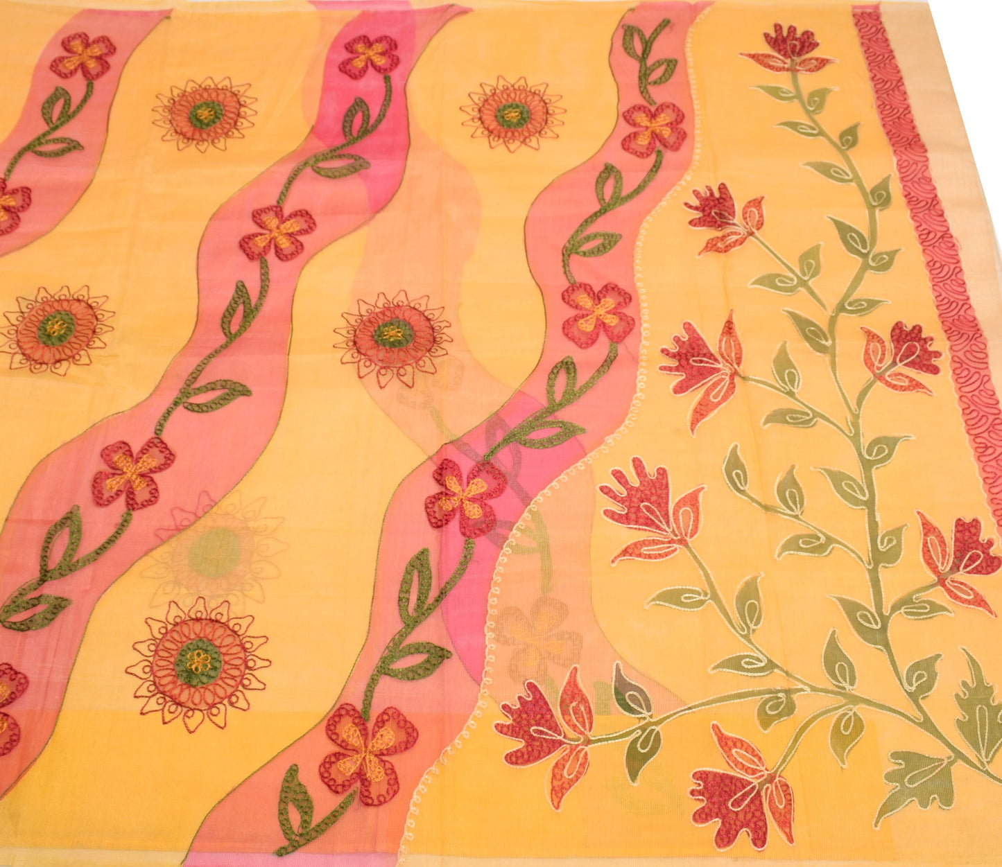 Sushila Vintage Chain Stitch Embroidery Saree Art Silk Yellow Floral Sari Fabric