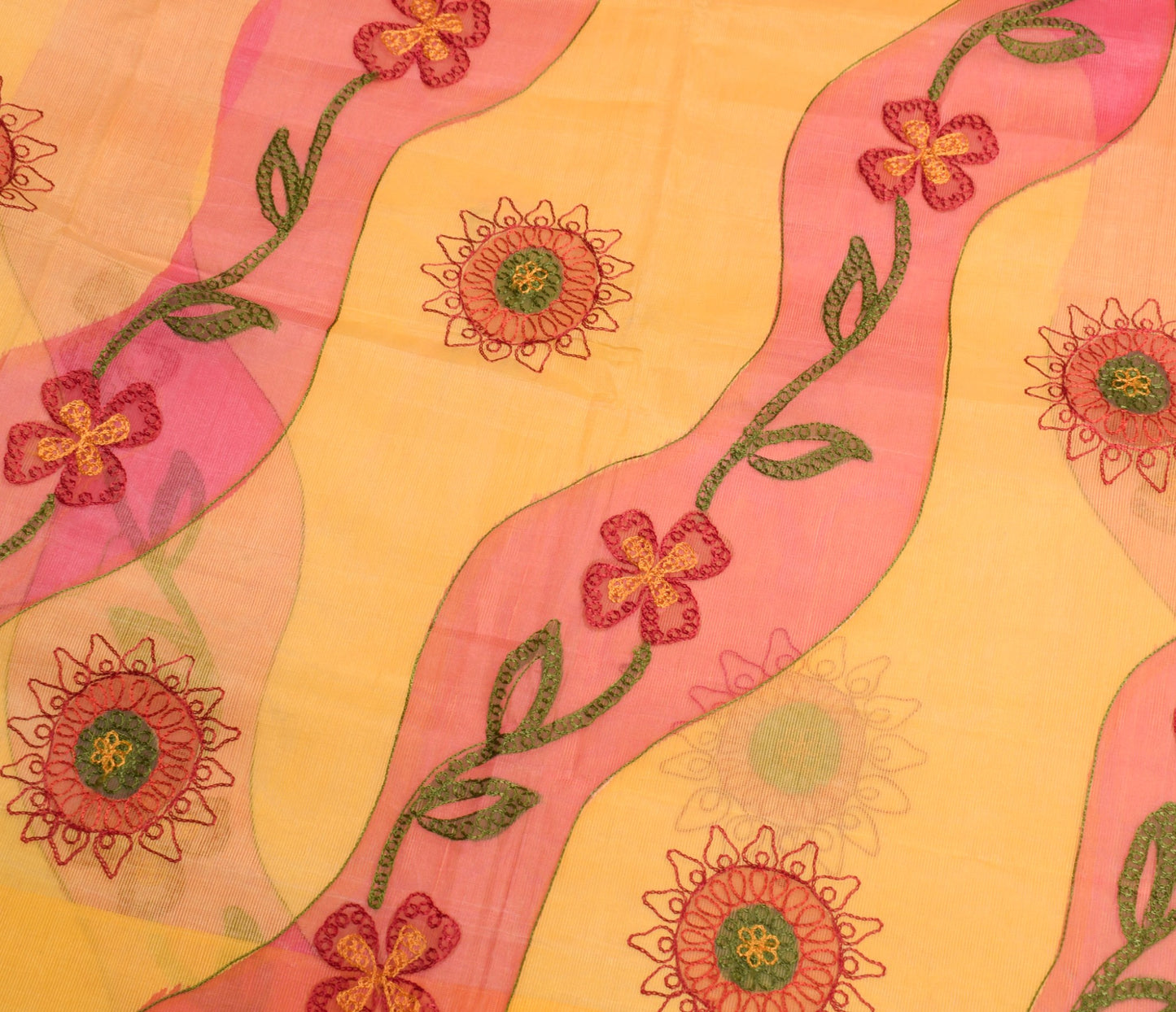 Sushila Vintage Chain Stitch Embroidery Saree Art Silk Yellow Floral Sari Fabric