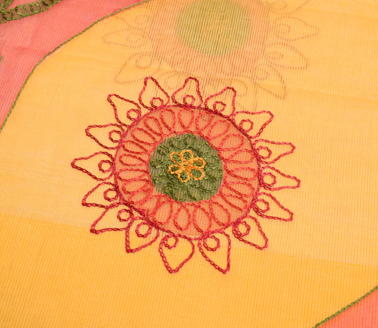 Sushila Vintage Chain Stitch Embroidery Saree Art Silk Yellow Floral Sari Fabric