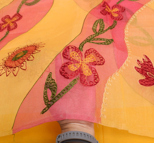 Sushila Vintage Chain Stitch Embroidery Saree Art Silk Yellow Floral Sari Fabric