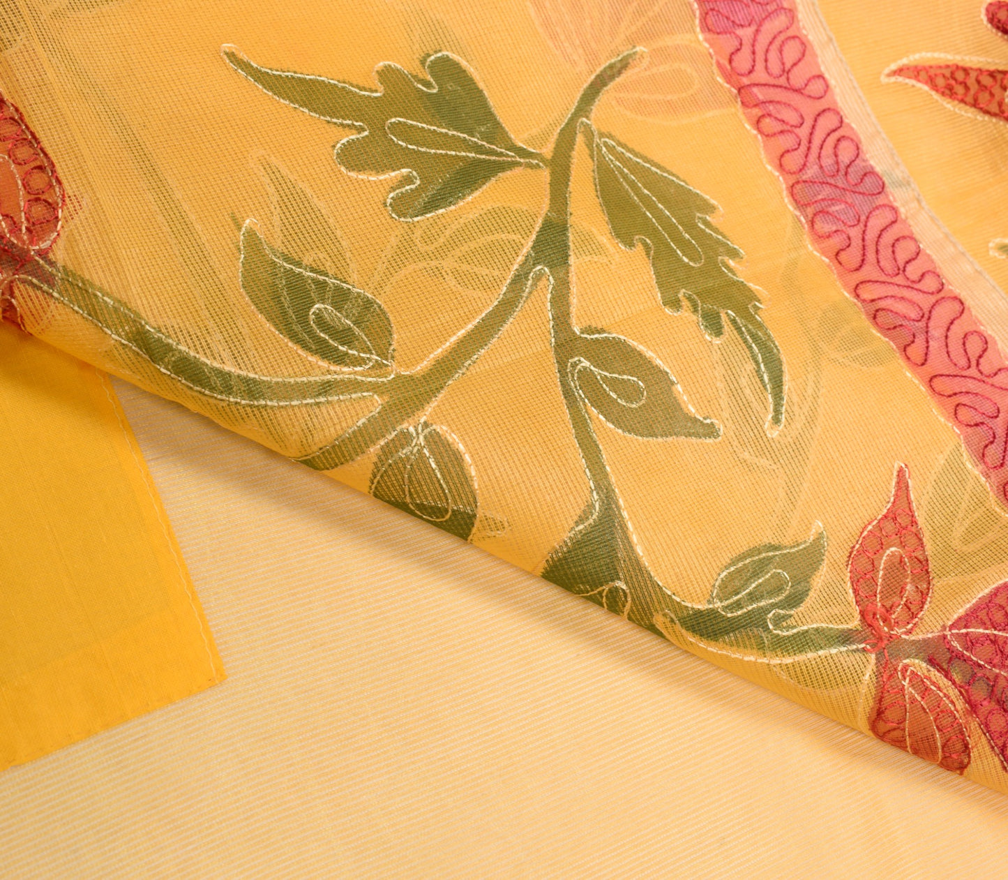 Sushila Vintage Chain Stitch Embroidery Saree Art Silk Yellow Floral Sari Fabric