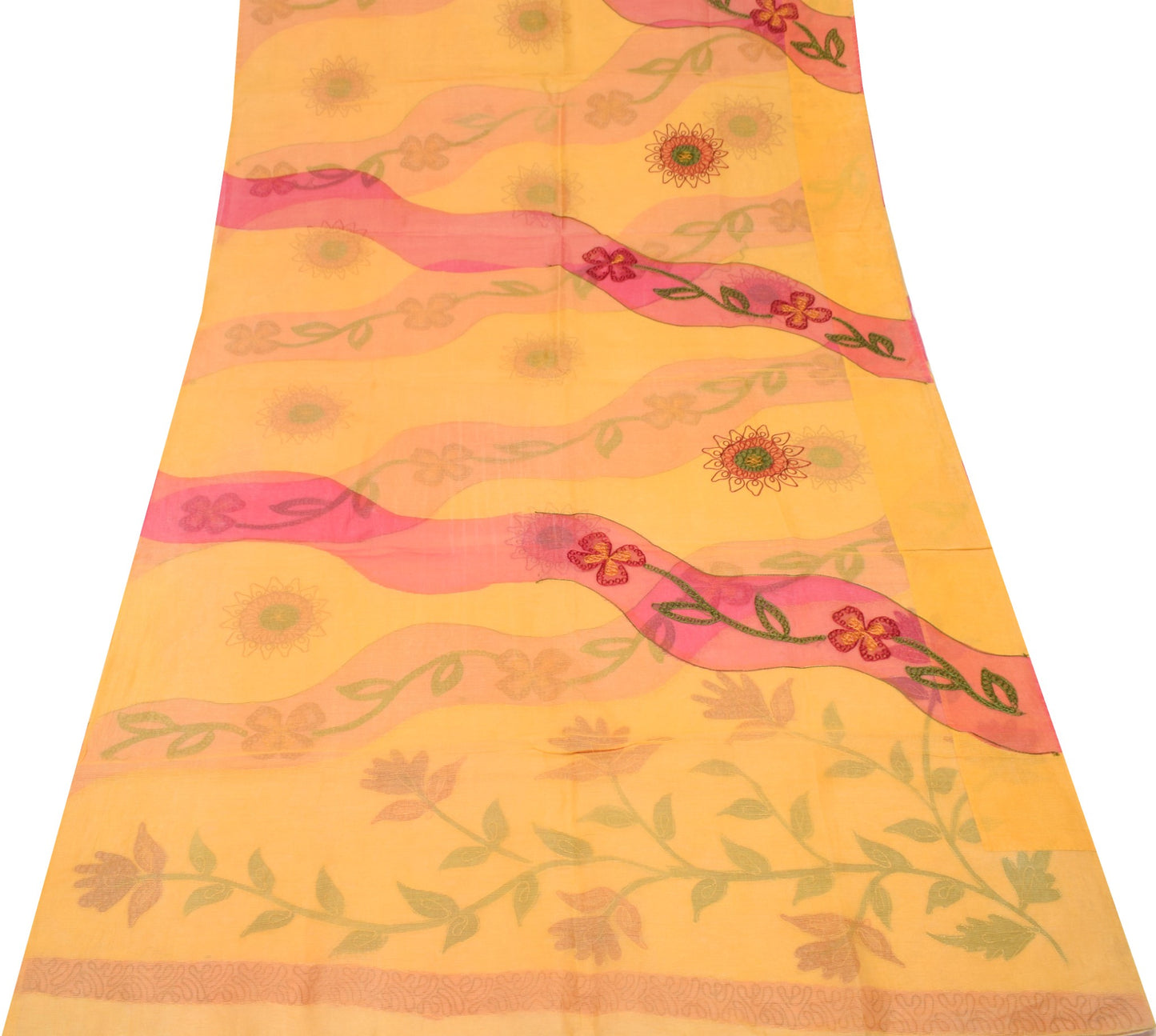 Sushila Vintage Chain Stitch Embroidery Saree Art Silk Yellow Floral Sari Fabric