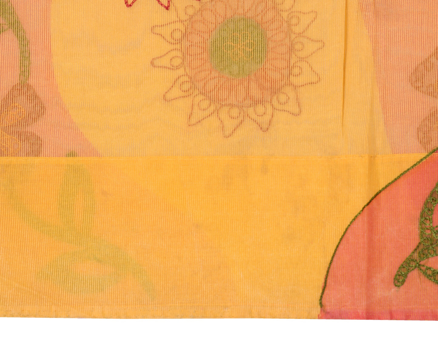 Sushila Vintage Chain Stitch Embroidery Saree Art Silk Yellow Floral Sari Fabric