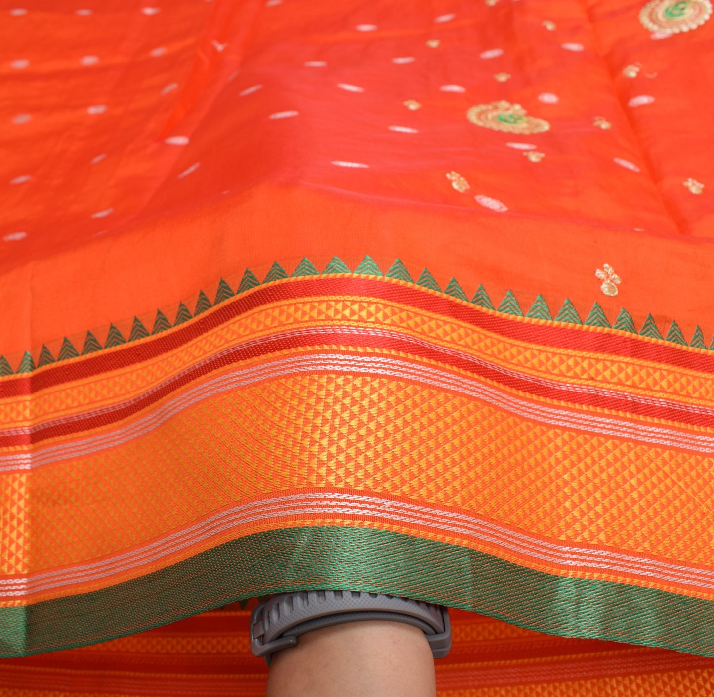 Sushila Vintage Narayanpet Art Silk Saree Woven & Embroidered Orange Sari Fabric