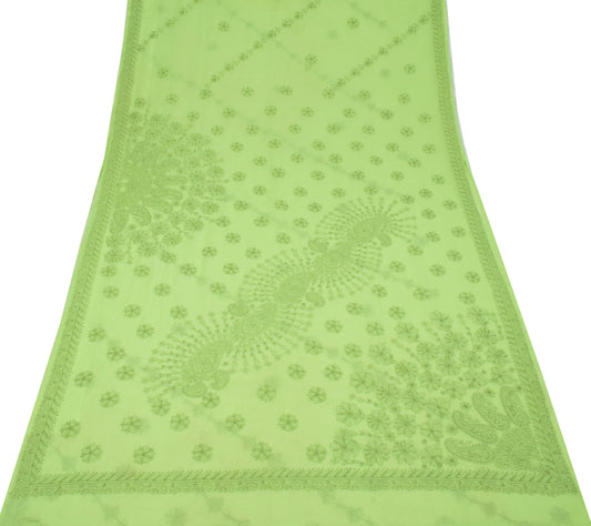 Sushila Vintage Lucknow Chikankari Saree Art Cotton Embroidery Green Sari Fabric
