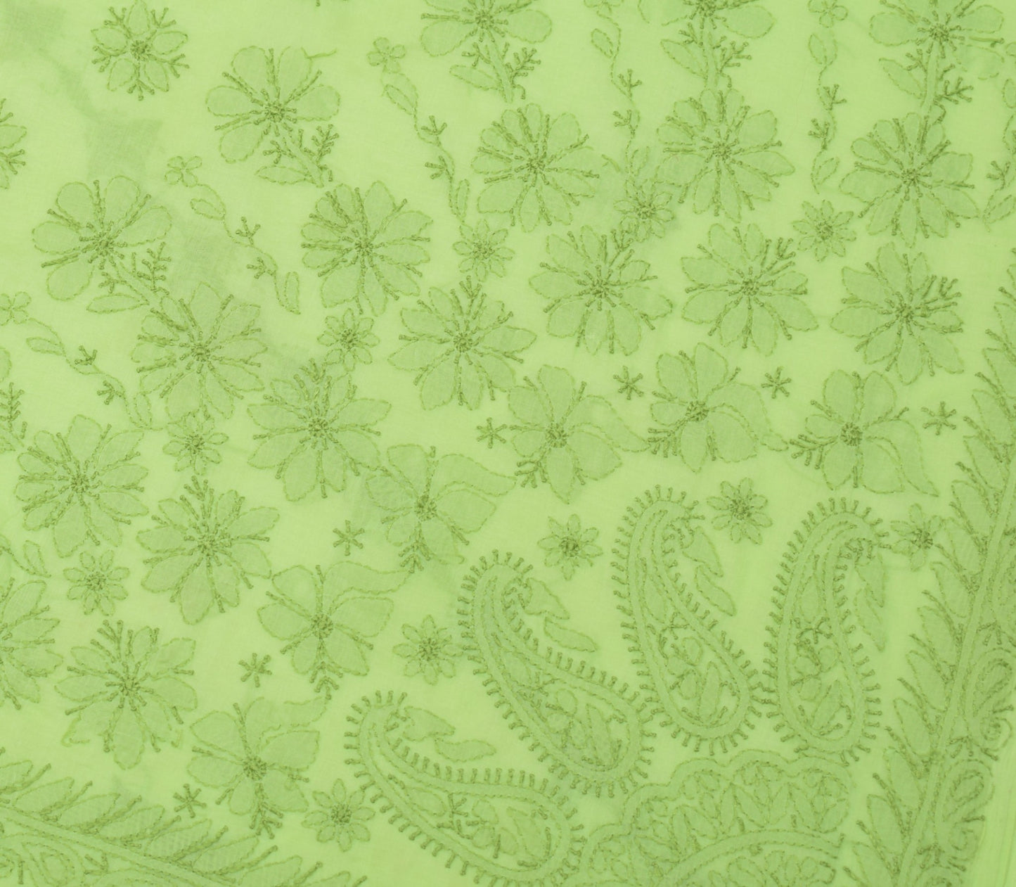Sushila Vintage Lucknow Chikankari Saree Art Cotton Embroidery Green Sari Fabric