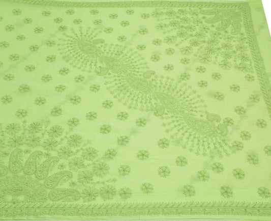 Sushila Vintage Lucknow Chikankari Saree Art Cotton Embroidery Green Sari Fabric