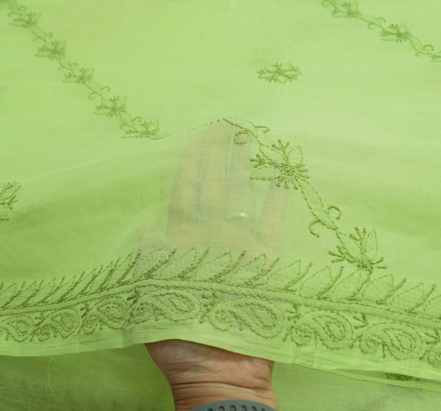 Sushila Vintage Lucknow Chikankari Saree Art Cotton Embroidery Green Sari Fabric