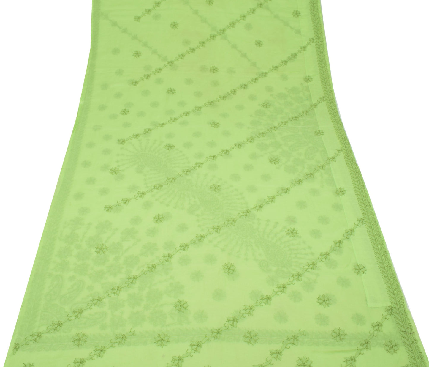 Sushila Vintage Lucknow Chikankari Saree Art Cotton Embroidery Green Sari Fabric