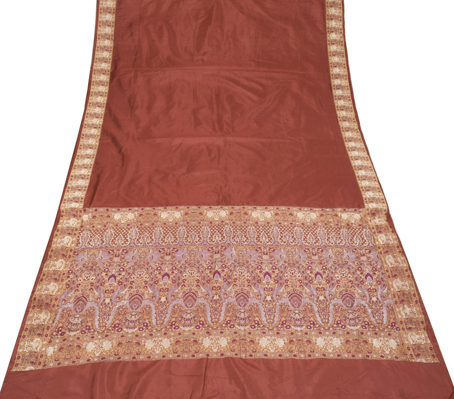 Sushila Vintage Brown Plain Saree Banarasi Woven Border Pallu Pure Silk Sari
