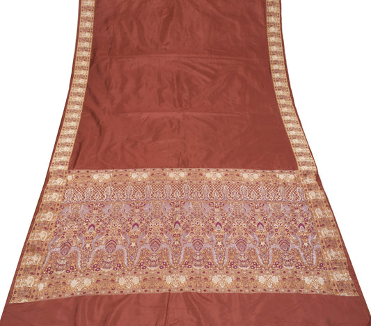 Sushila Vintage Brown Plain Saree Banarasi Woven Border Pallu Pure Silk Sari