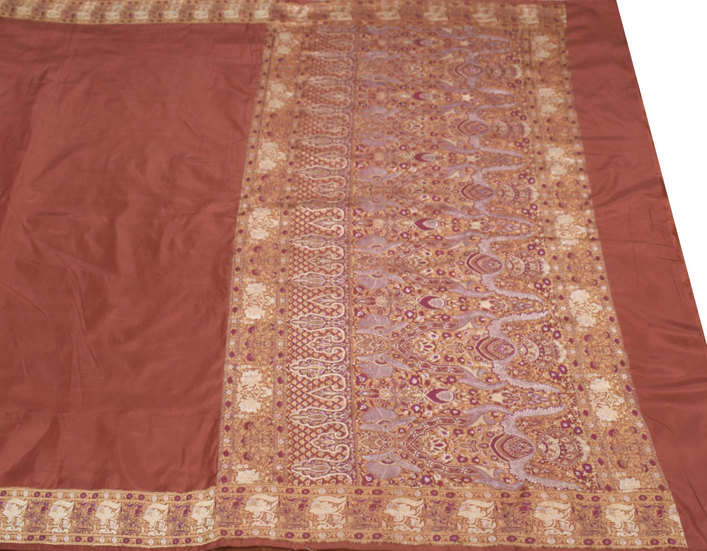 Sushila Vintage Brown Plain Saree Banarasi Woven Border Pallu Pure Silk Sari