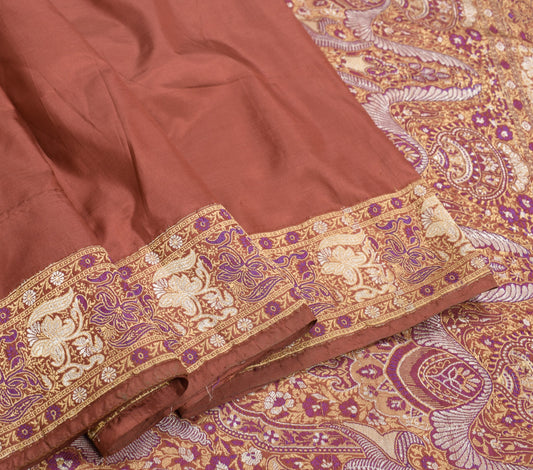 Sushila Vintage Brown Plain Saree Banarasi Woven Border Pallu Pure Silk Sari