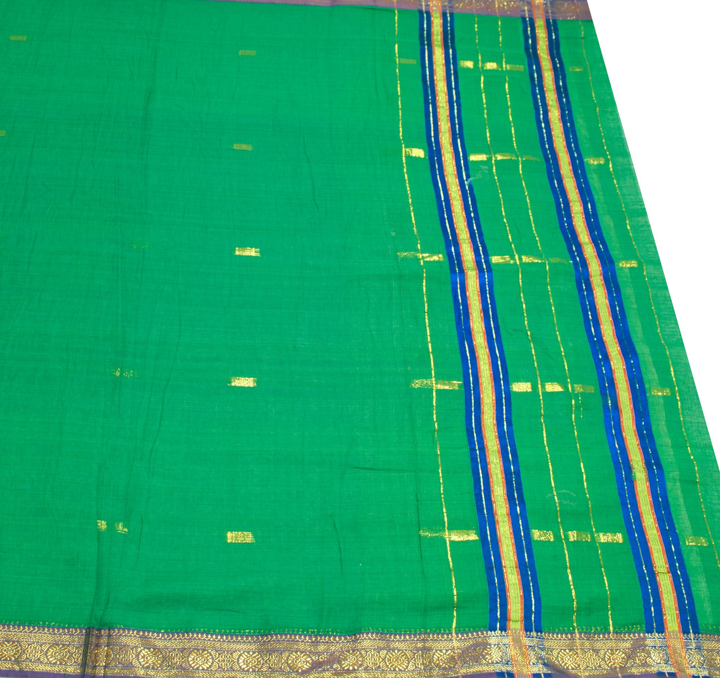 Sushila Vintage Green Saree with Purple Zari Border Pure Cotton 312" Sari Fabric