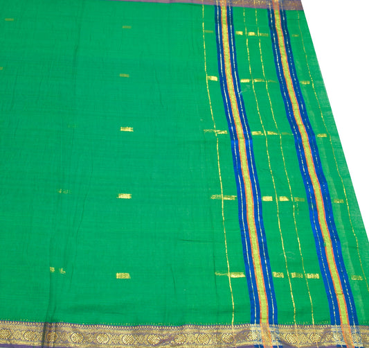 Sushila Vintage Green Saree with Purple Zari Border Pure Cotton 312" Sari Fabric