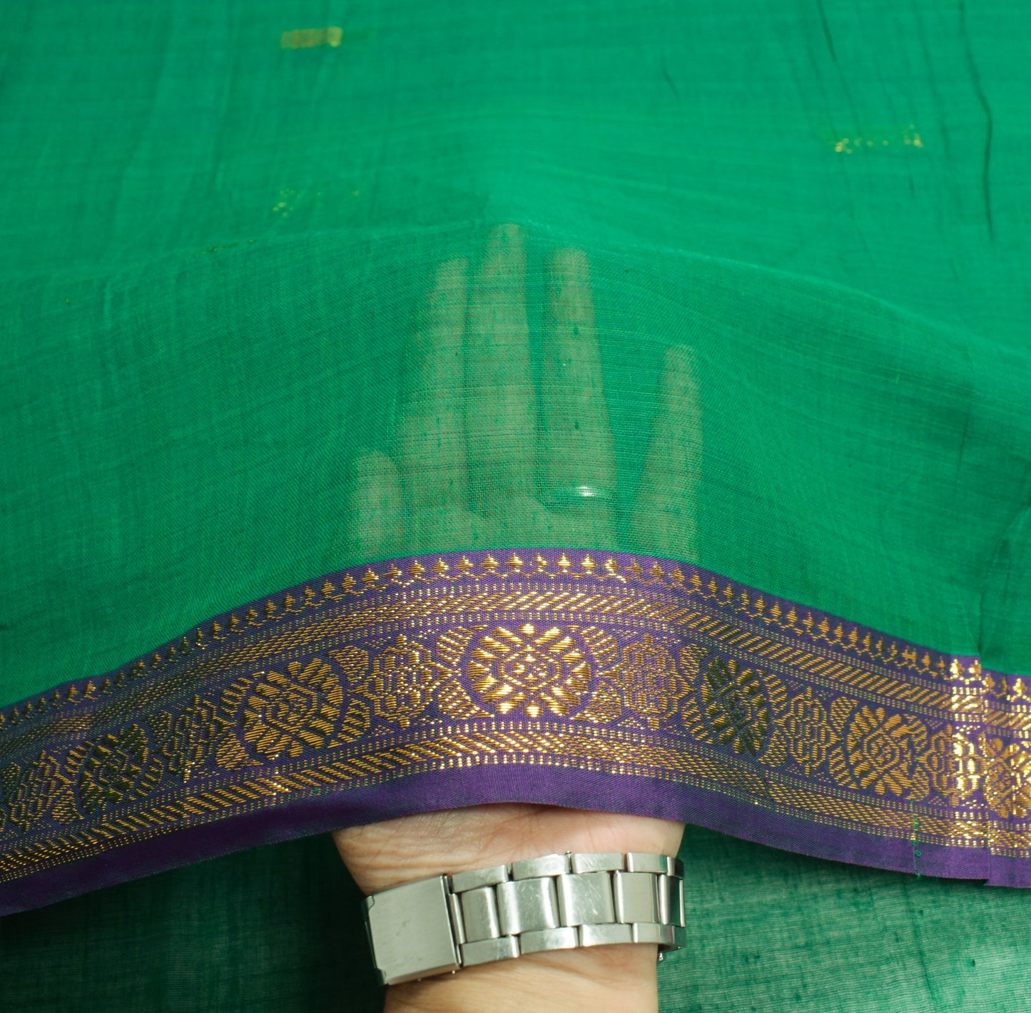 Sushila Vintage Green Saree with Purple Zari Border Pure Cotton 312" Sari Fabric