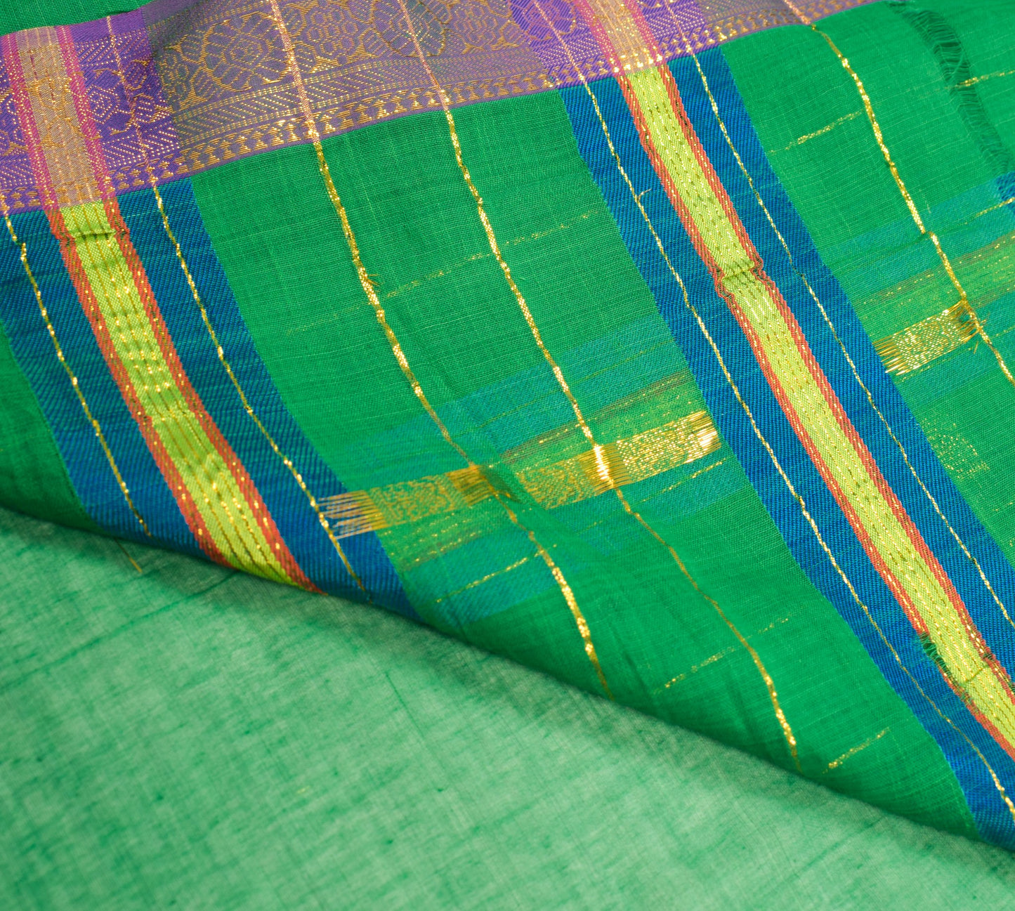 Sushila Vintage Green Saree with Purple Zari Border Pure Cotton 312" Sari Fabric