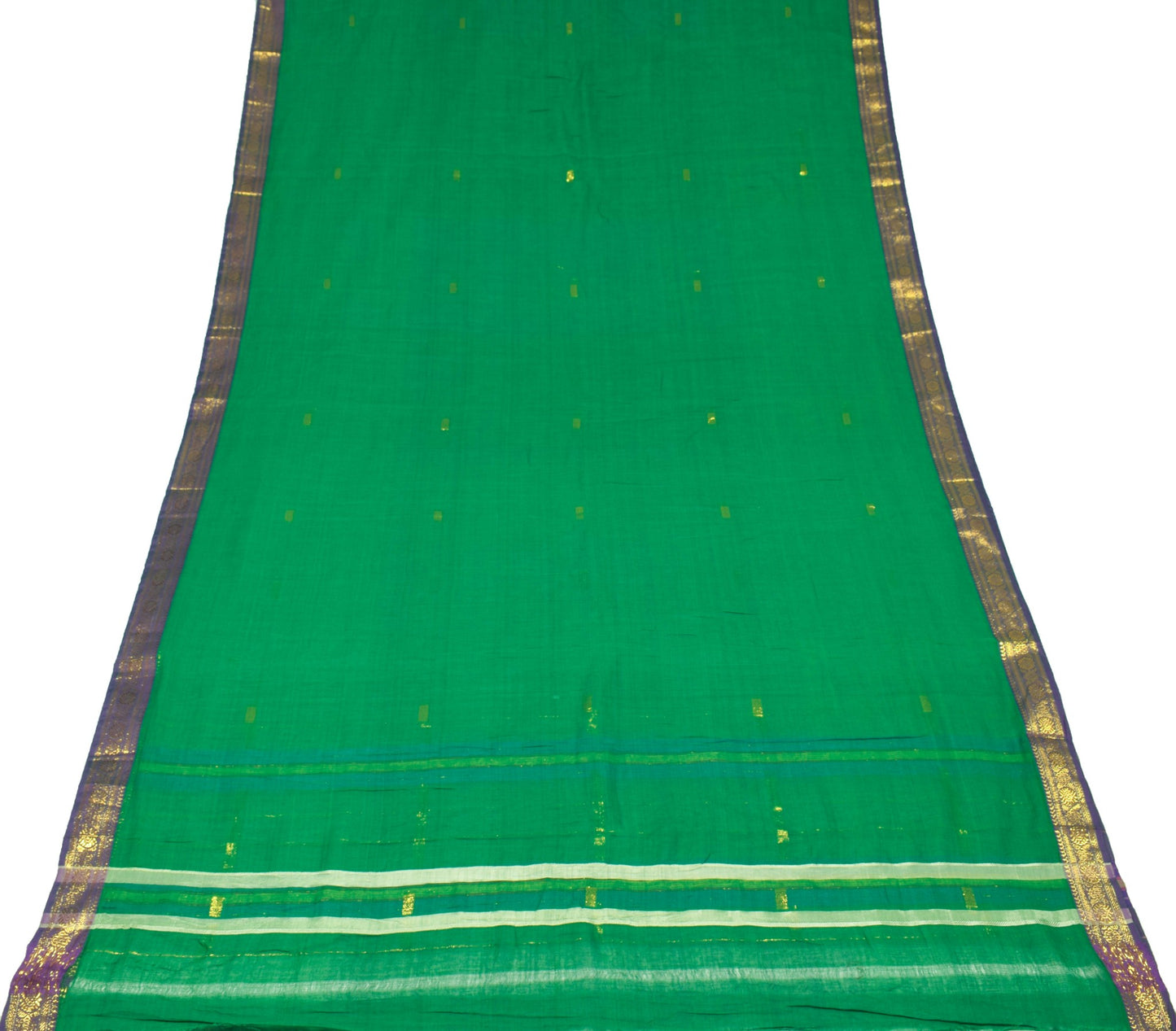 Sushila Vintage Green Saree with Purple Zari Border Pure Cotton 312" Sari Fabric