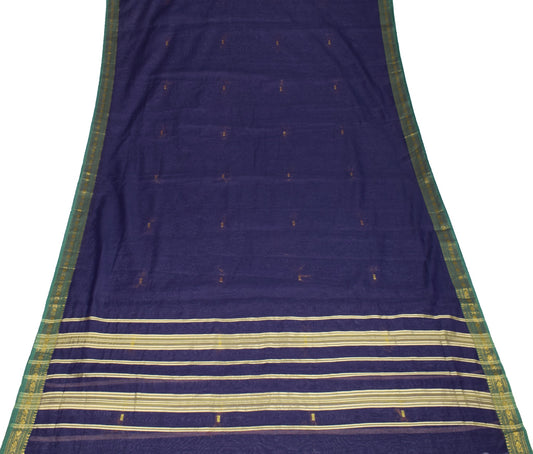 Sushila Vintage Dark Saree Green Zari Woven Border Art Cotton 8 Yds Sari Fabric