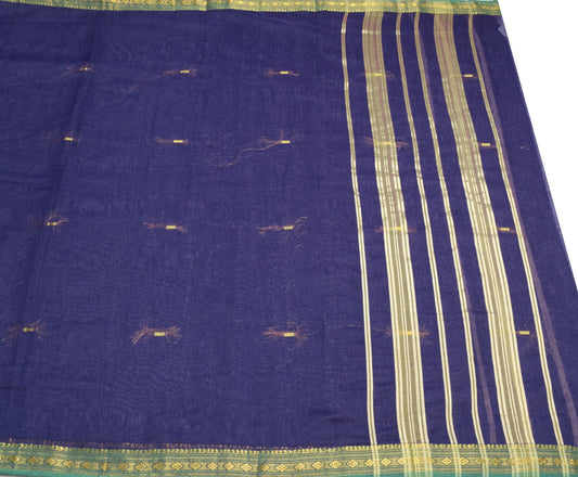 Sushila Vintage Dark Saree Green Zari Woven Border Art Cotton 8 Yds Sari Fabric