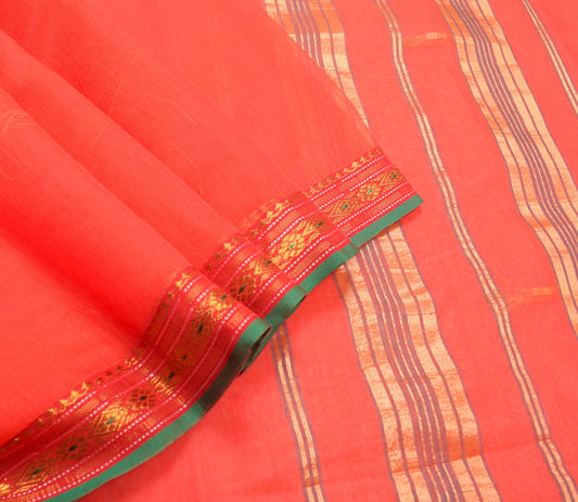 Sushila Vintage Orange Saree with Contrast Border Pallu Art Cotton 8 Yard Sari
