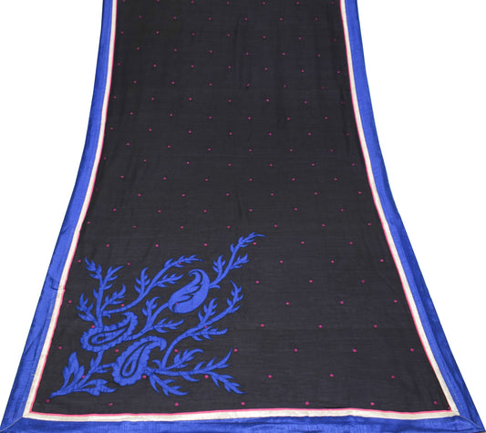 Sushila Vintage Black AppliqueWork Saree Pure Cotton Designer Floral Sari Fabric