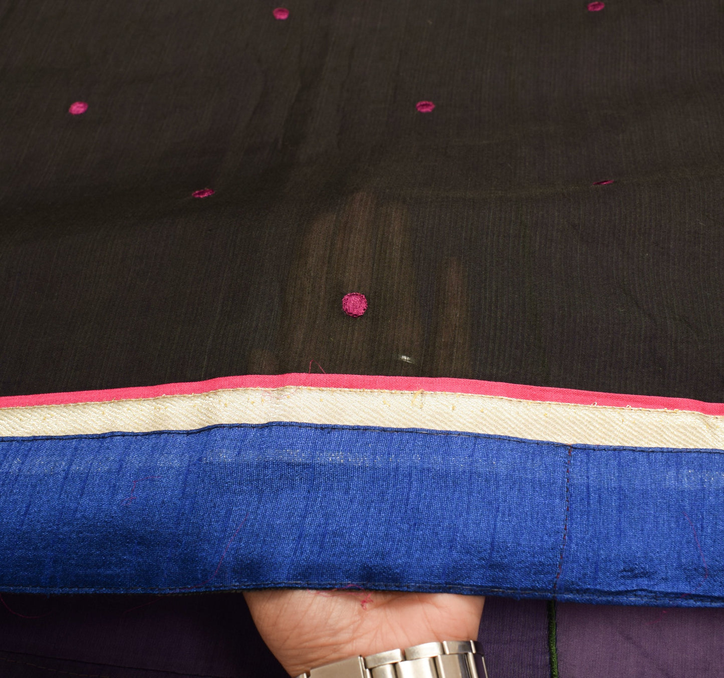 Sushila Vintage Black AppliqueWork Saree Pure Cotton Designer Floral Sari Fabric