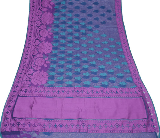 Sushila Vintage Blue Heavy Saree Art Silk Handwoven Dhakai Jamdani Floral Sari