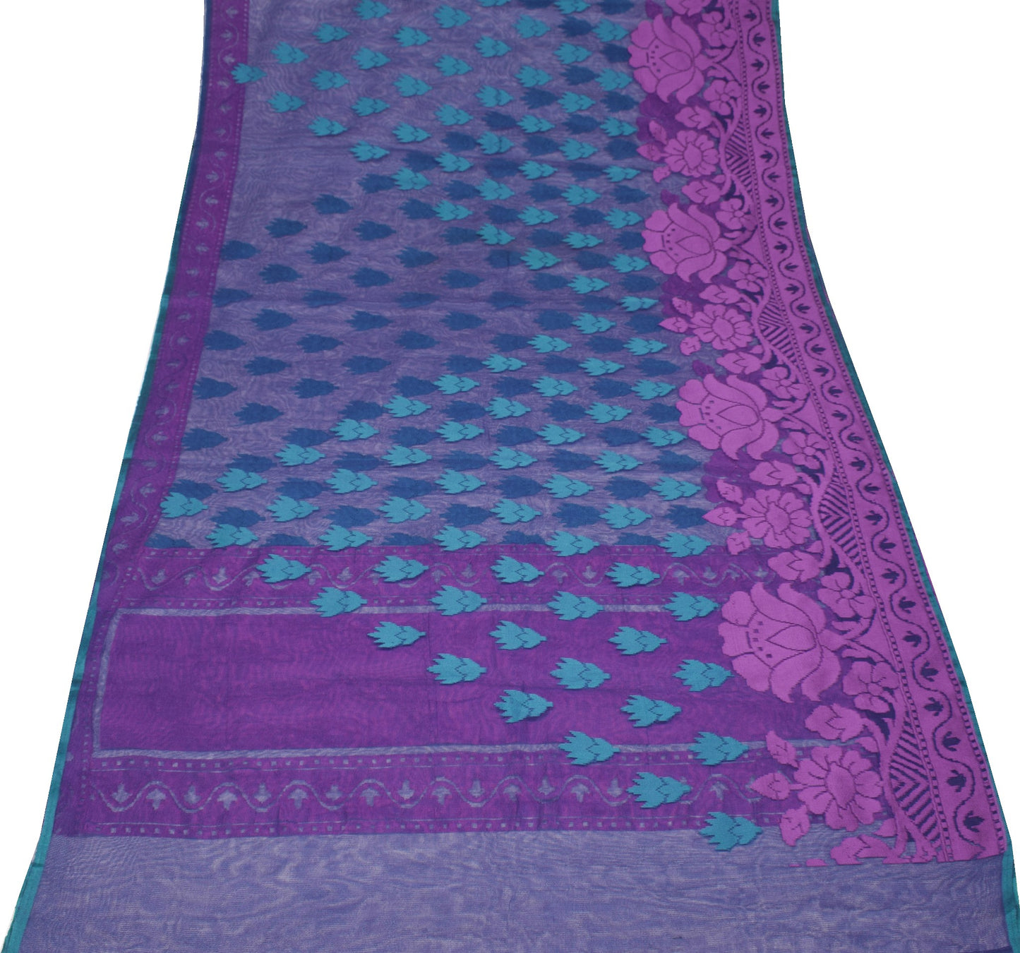 Sushila Vintage Blue Heavy Saree Art Silk Handwoven Dhakai Jamdani Floral Sari