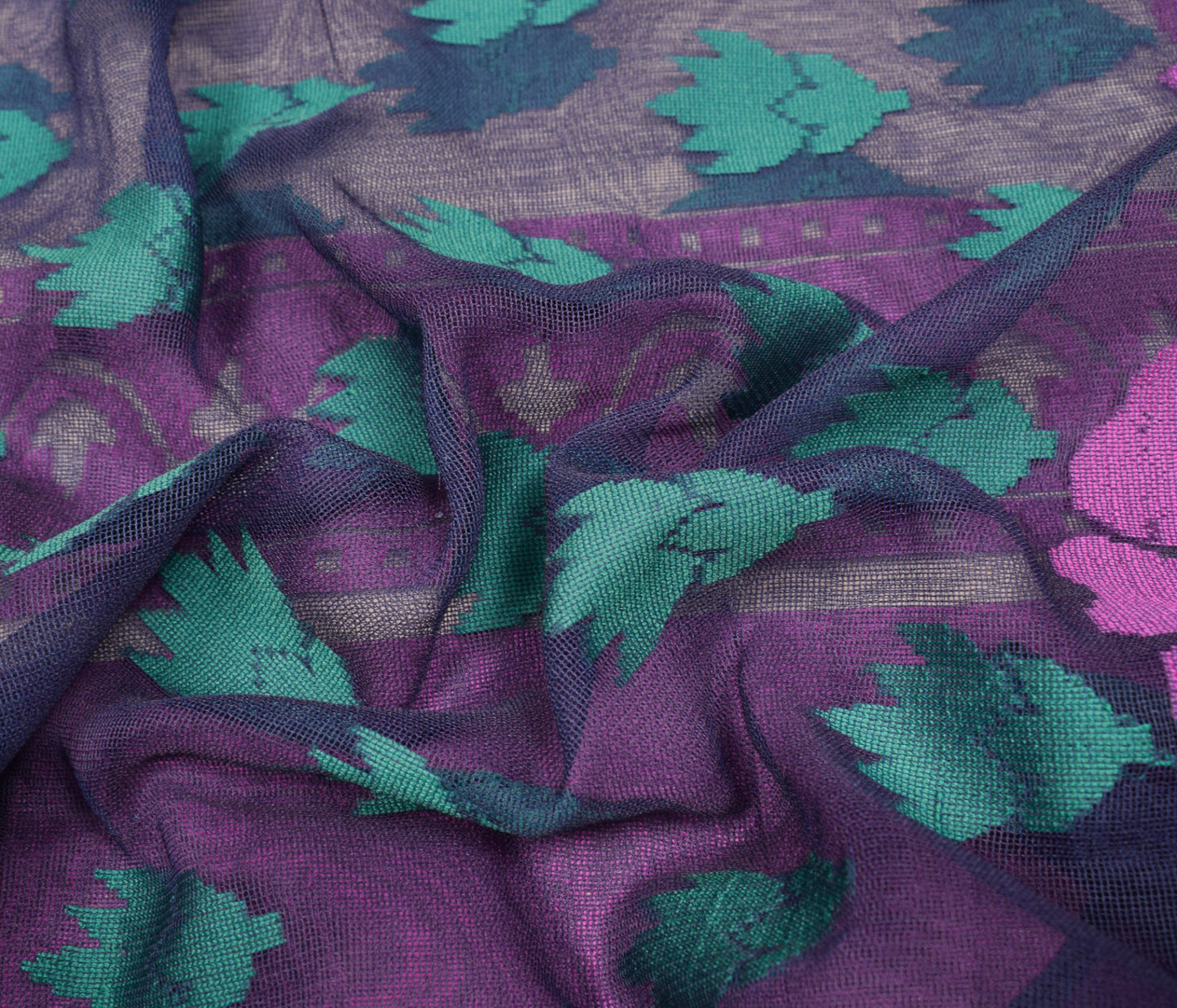 Sushila Vintage Blue Heavy Saree Art Silk Handwoven Dhakai Jamdani Floral Sari