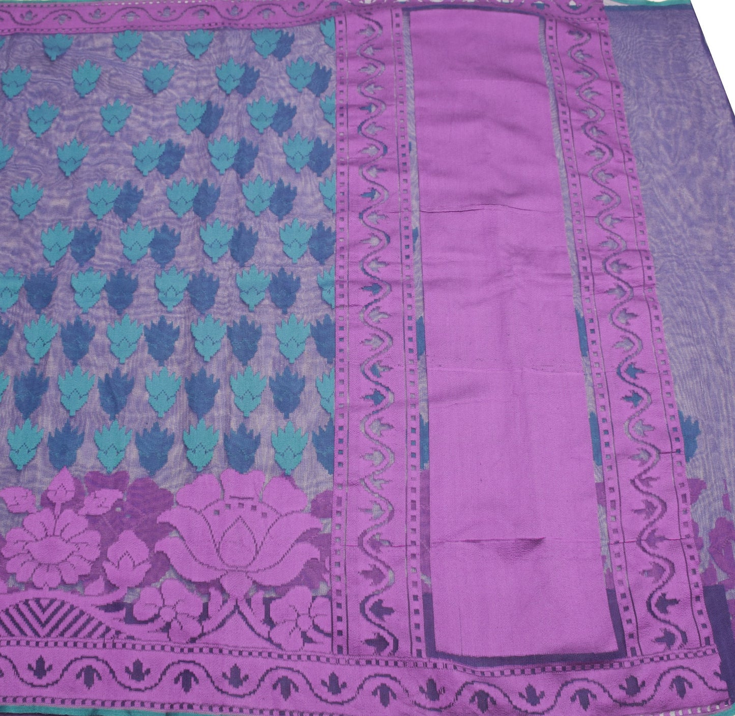 Sushila Vintage Blue Heavy Saree Art Silk Handwoven Dhakai Jamdani Floral Sari