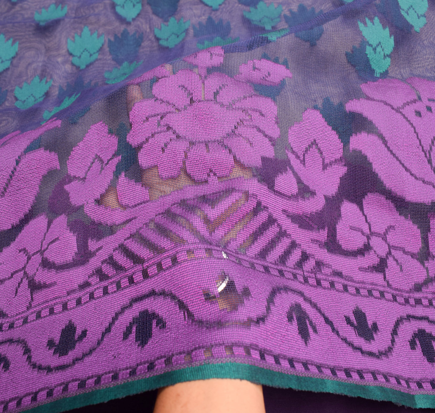 Sushila Vintage Blue Heavy Saree Art Silk Handwoven Dhakai Jamdani Floral Sari