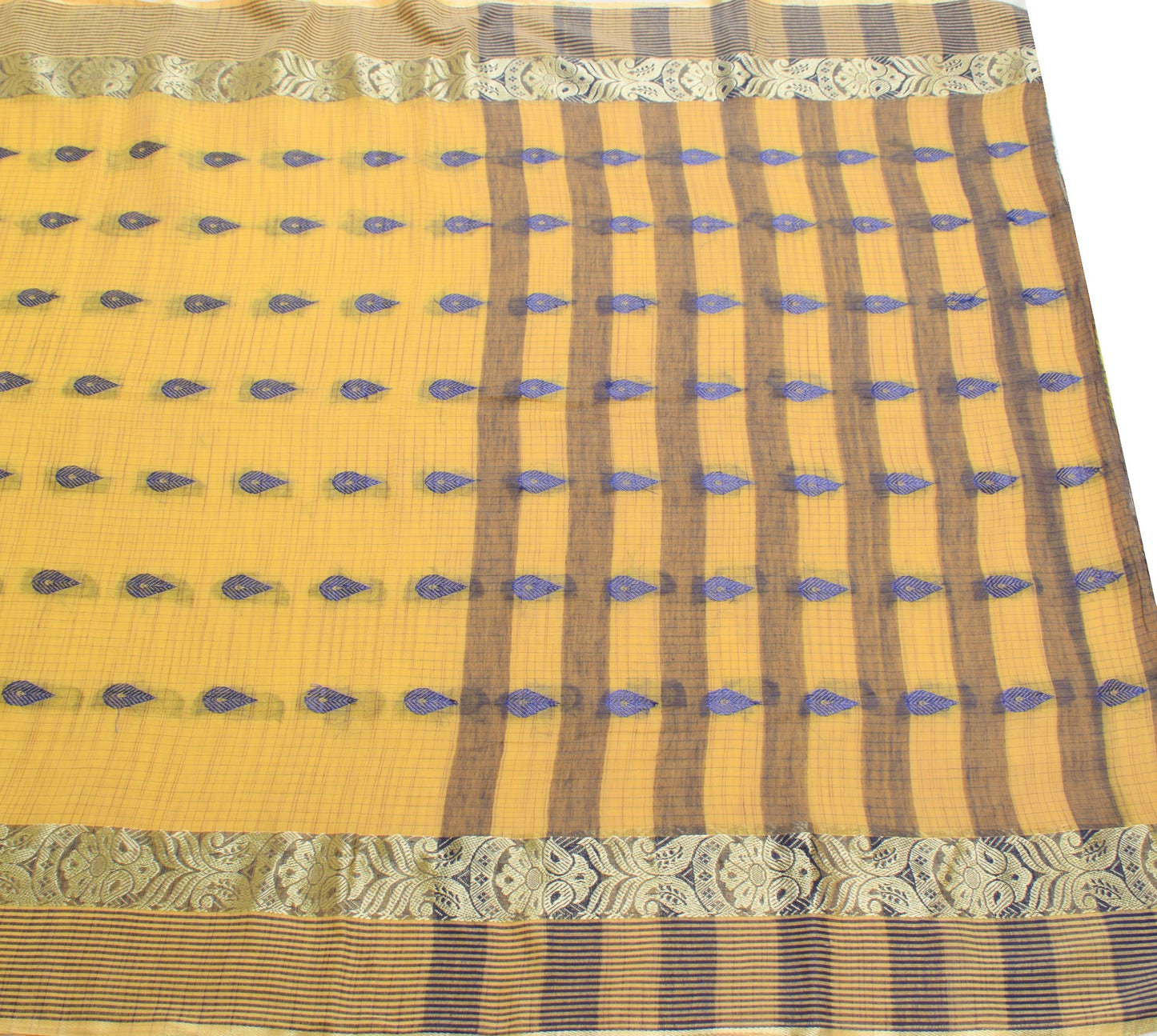Sushila Vintage Handloom Tant Woven Saree Yellow Pure Cotton Soft Sari Fabric
