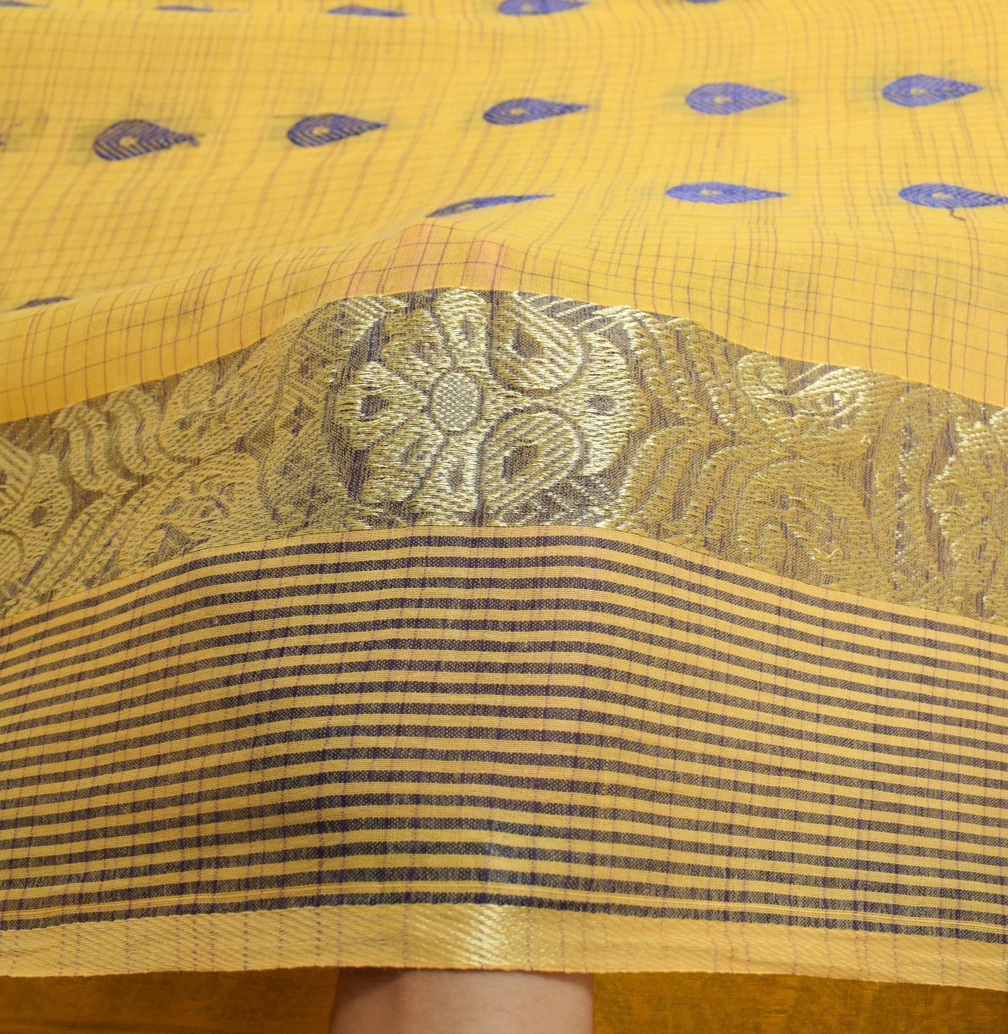 Sushila Vintage Handloom Tant Woven Saree Yellow Pure Cotton Soft Sari Fabric