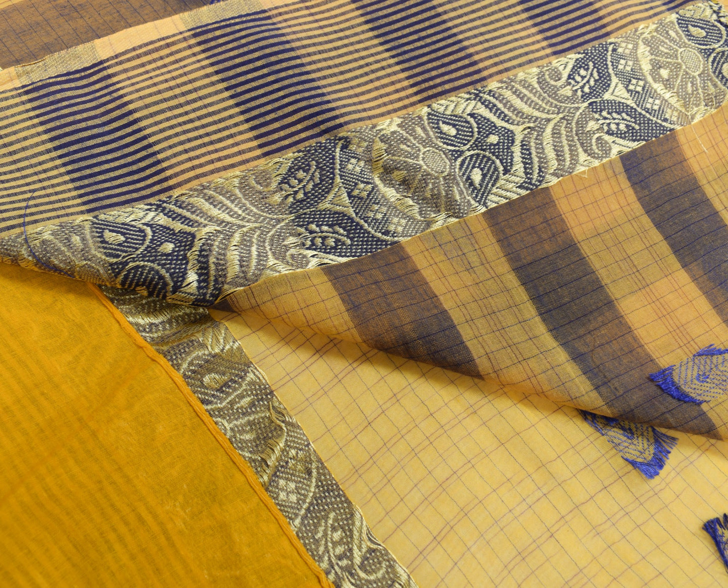 Sushila Vintage Handloom Tant Woven Saree Yellow Pure Cotton Soft Sari Fabric