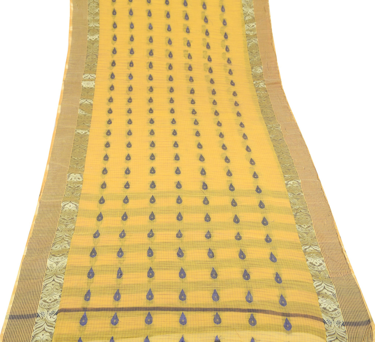 Sushila Vintage Handloom Tant Woven Saree Yellow Pure Cotton Soft Sari Fabric