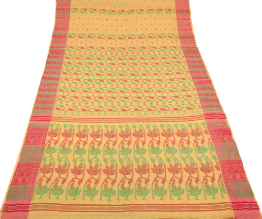 Sushila Vintage Yellow Tant Saree Pure Cotton Woven Handloom Soft Sari Fabric