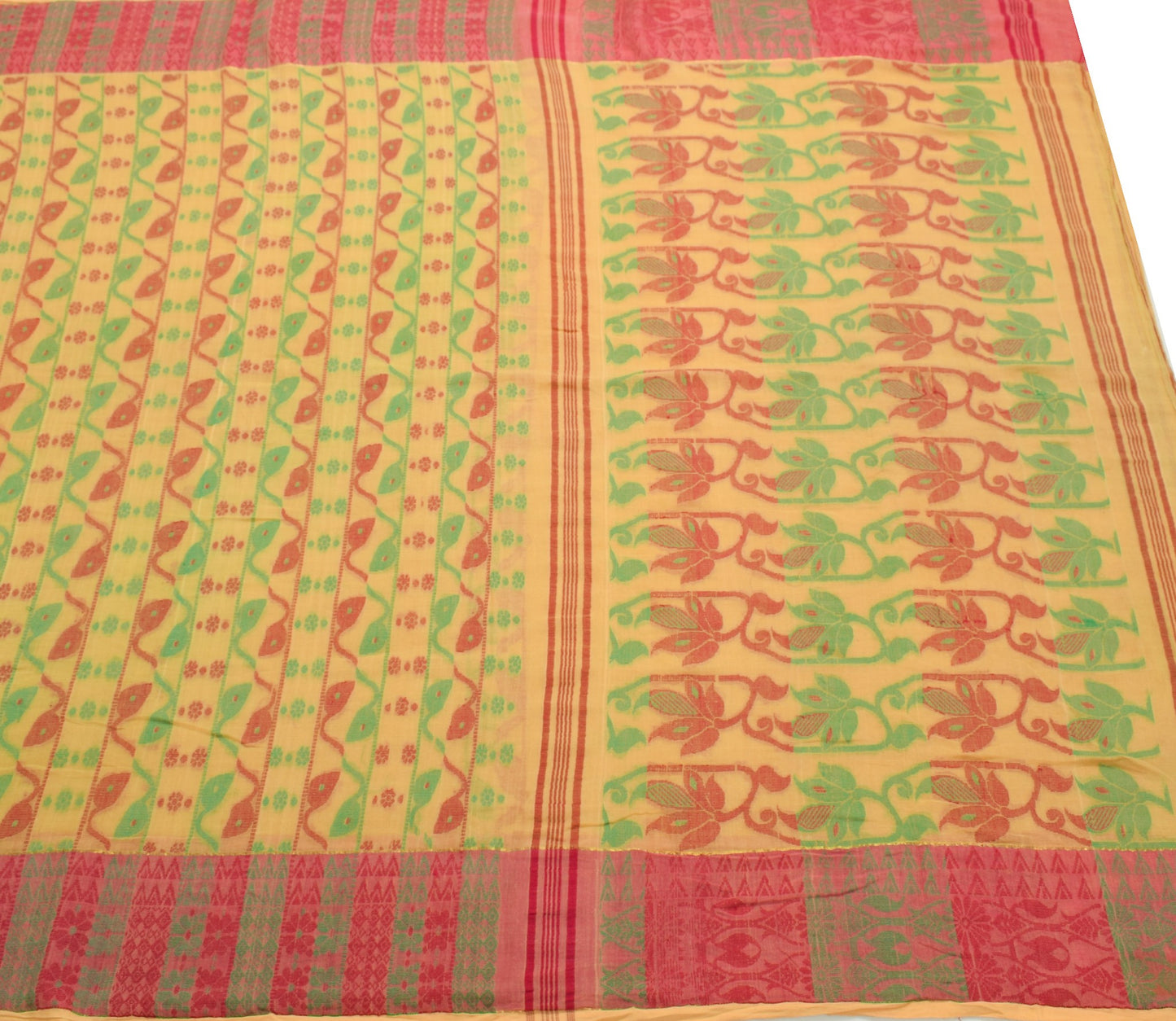 Sushila Vintage Yellow Tant Saree Pure Cotton Woven Handloom Soft Sari Fabric