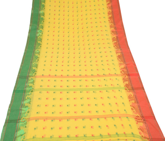 Sushila Vintage Yellow Tant Woven Saree Pure Cotton Soft Bengal 5YD Sari Fabric