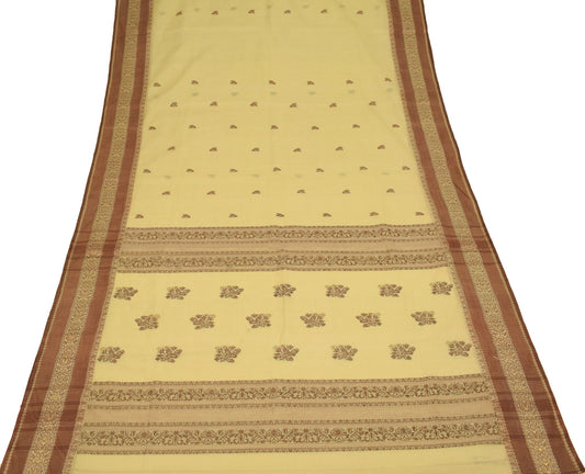 Sushila Vintage Hand Woven Floral Saree 100% Pure Cotton Cream Sari Craft Fabric
