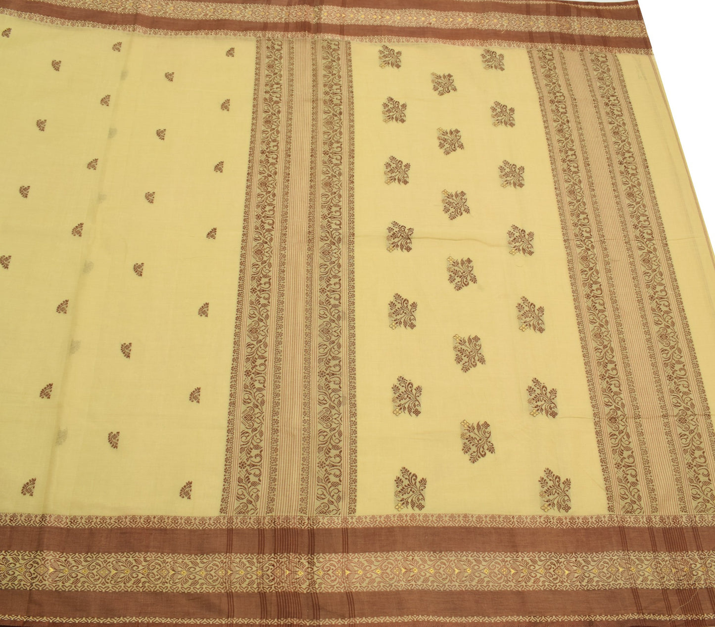 Sushila Vintage Hand Woven Floral Saree 100% Pure Cotton Cream Sari Craft Fabric