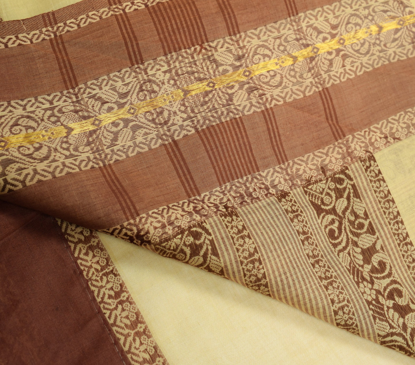 Sushila Vintage Hand Woven Floral Saree 100% Pure Cotton Cream Sari Craft Fabric