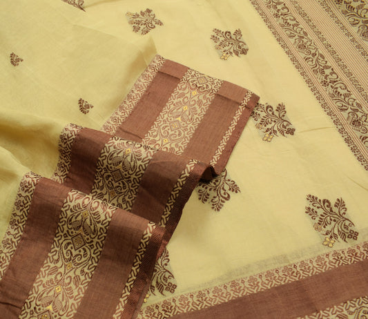 Sushila Vintage Hand Woven Floral Saree 100% Pure Cotton Cream Sari Craft Fabric