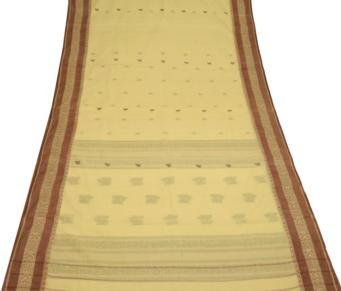 Sushila Vintage Hand Woven Floral Saree 100% Pure Cotton Cream Sari Craft Fabric