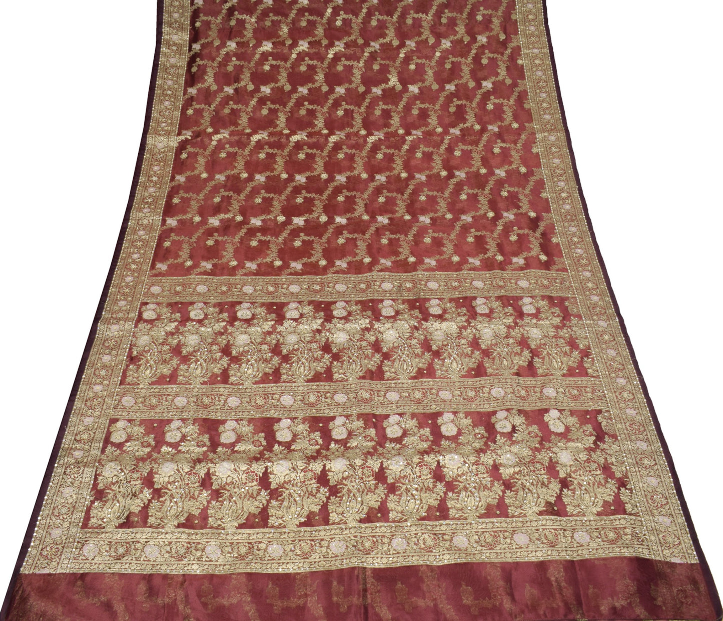 Sushila Vintage Maroon Art Tissue Saree Woven Zari Embellish HEAVY Sari Fabric