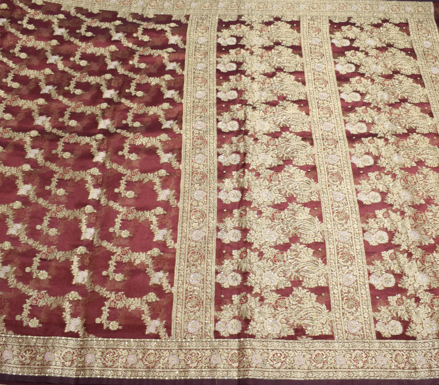 Sushila Vintage Maroon Art Tissue Saree Woven Zari Embellish HEAVY Sari Fabric